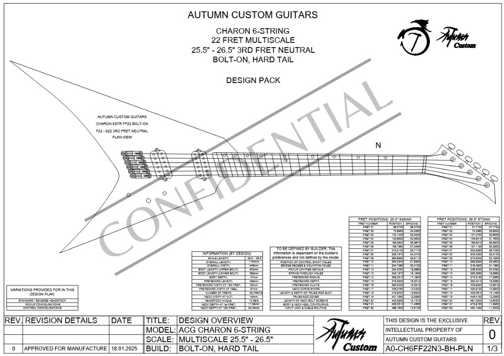 Charon 6 String Multi-Scale 25.5" - 26.5" 22 Fret (3rd Fret Neutral) Bolt-on Hard Tail - Image 2
