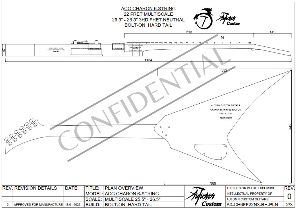 Charon 6 String Multi-Scale 25.5" - 26.5" 22 Fret (3rd Fret Neutral) Bolt-on Hard Tail - Image 3