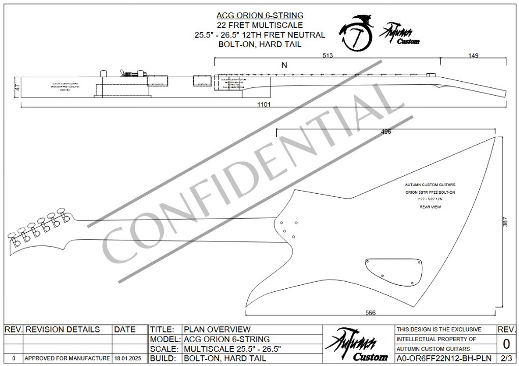 Orion 6 String Multi-Scale 25.5" - 26.5" 22 Fret (12th Fret Neutral) Bolt-on Hard Tail - Image 3